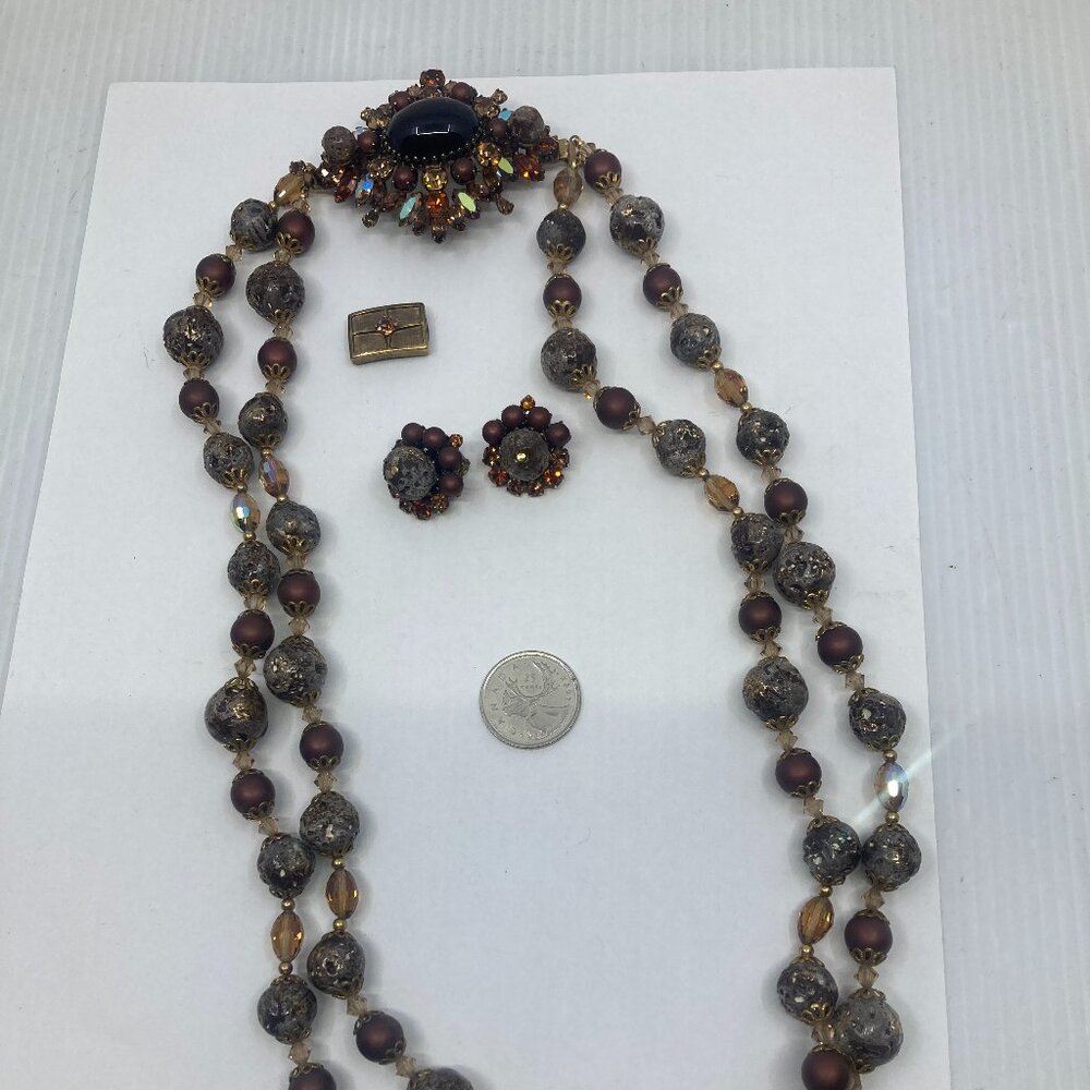 Vtg RARE LeC BOUCHER lava beads crystal earrings brooch necklace set